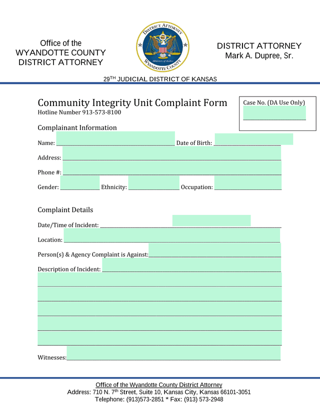 Community Integrity Unit Complaint Form screenshot