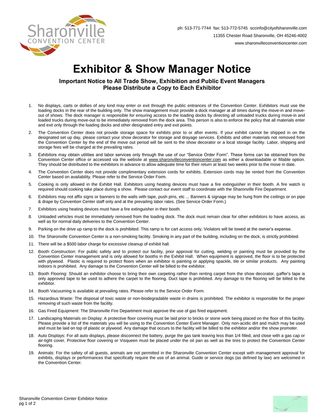 Sharonville Convention Center Exhibitor Notice screenshot