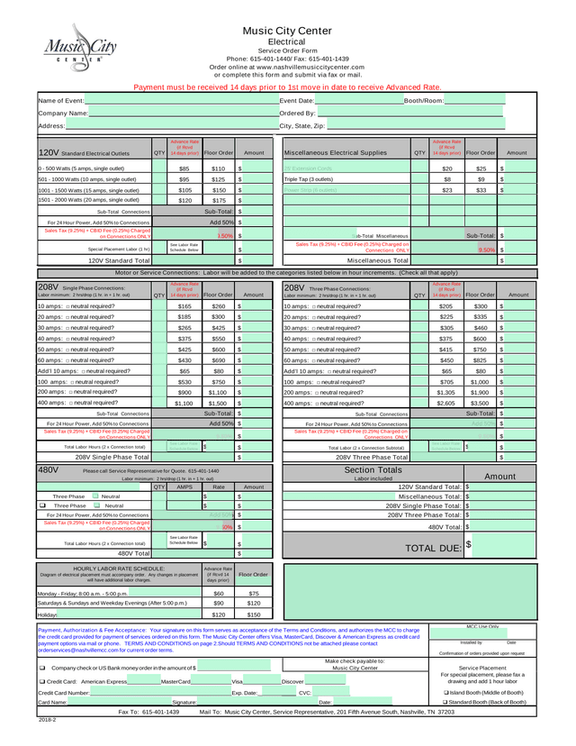 Music City Center Electrical Outlet Order Form screenshot