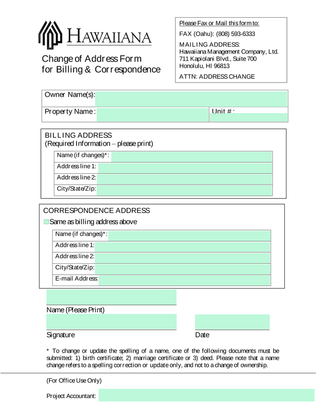 Change Of Address Form For Billing  Correspondence screenshot