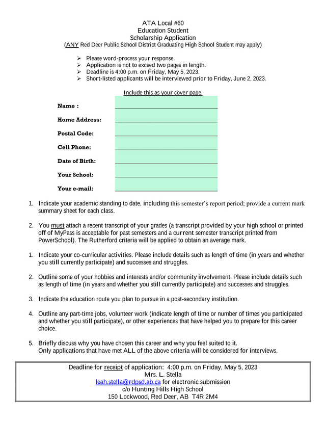 ATA Local 60 Education Student Scholarship Application screenshot