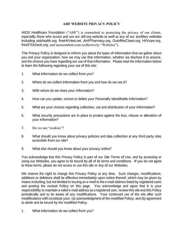 AHF WEBSITE PRIVACY POLICY screenshot