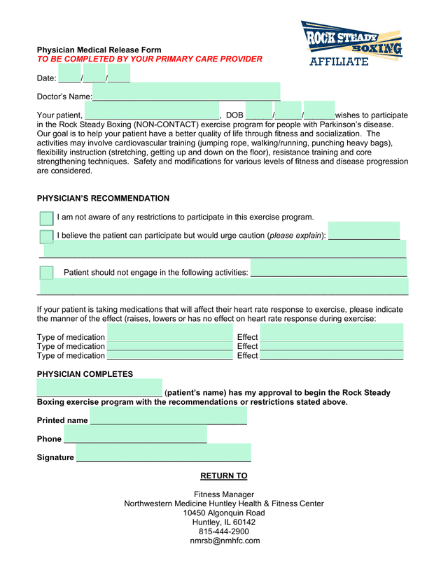 Physician Medical Release Form screenshot