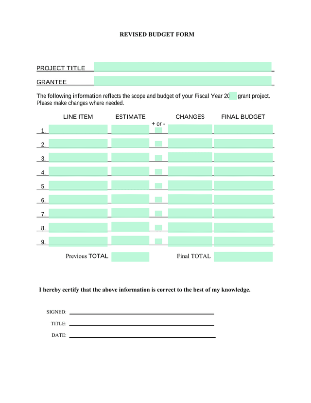 REVISED BUDGET FORM screenshot