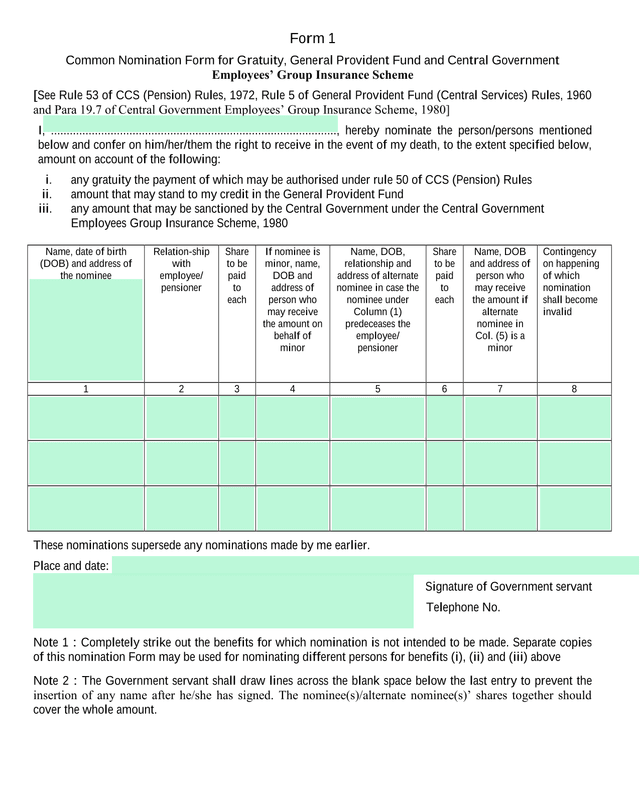 Common Nomination Form For Gratuity, General Provident Fund And Central Government Employees Group I screenshot
