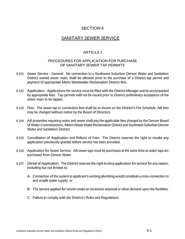 Southwest Suburban Denver Water And Sanitation District Rules And Regulations screenshot