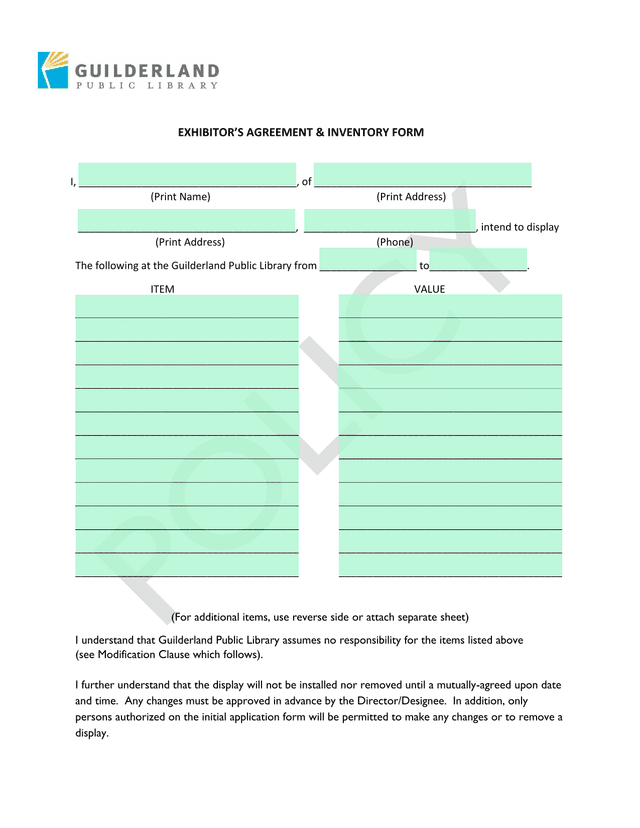 EXHIBITORS AGREEMENT  INVENTORY FORM screenshot