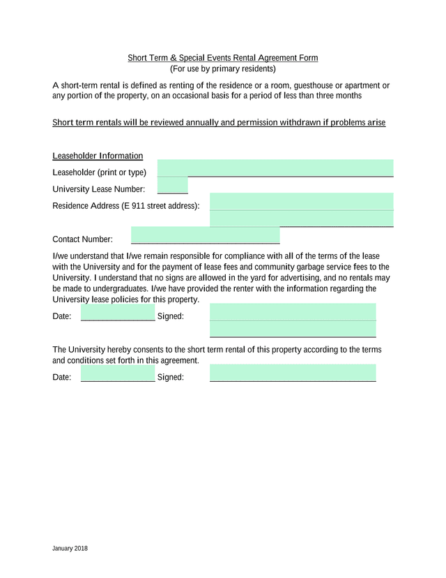 Short Term  Special Events Rental Agreement Form screenshot