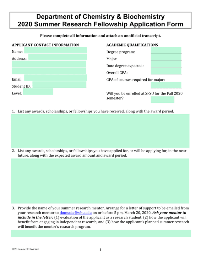 2020 Summer Research Fellowship Application Form screenshot