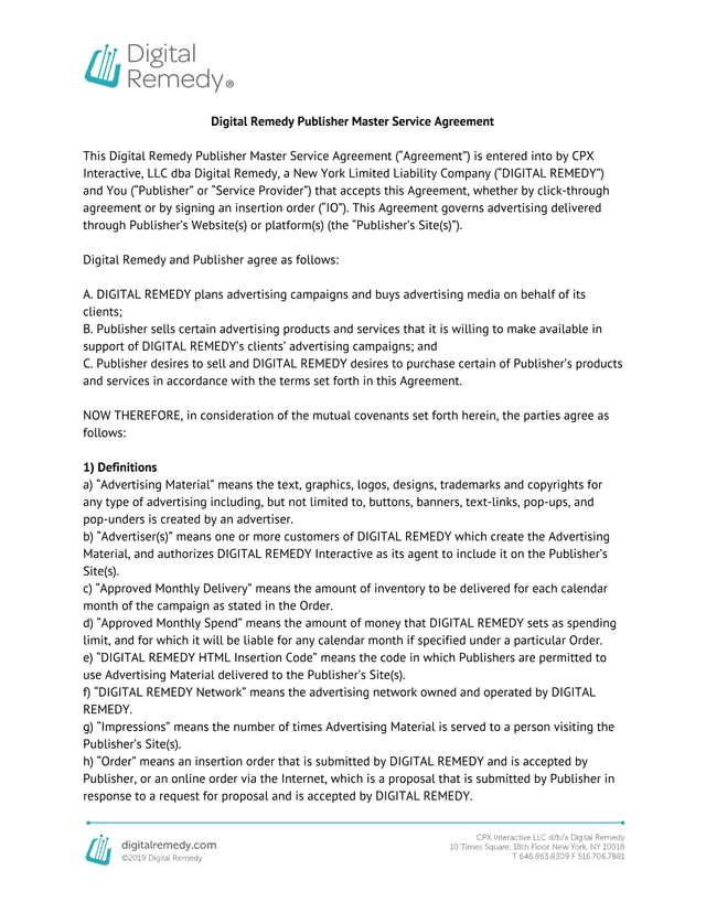 Digital Remedy Publisher Master Service Agreement screenshot
