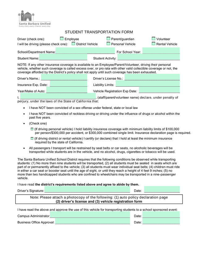 STUDENT TRANSPORTATION FORM screenshot