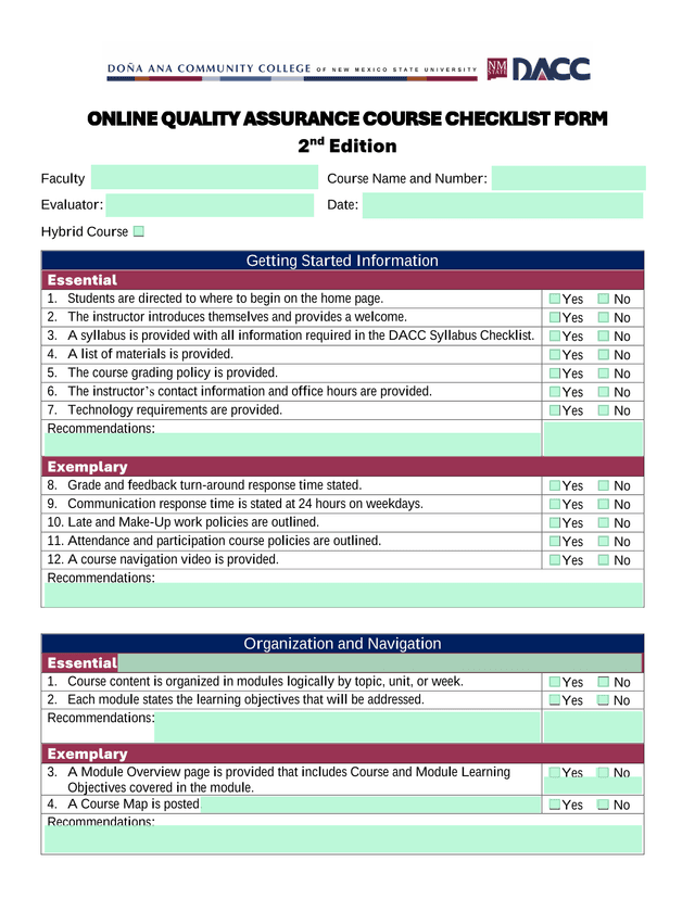 Online Quality Assurance Course Checklist Form screenshot