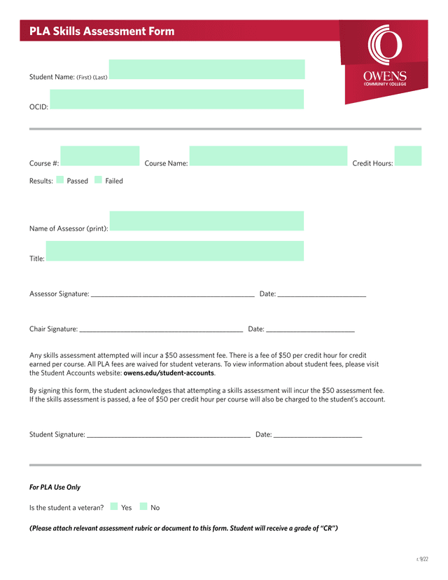 PLA Skills Assessment Form screenshot