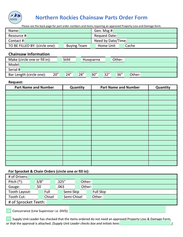 Northern Rockies Chainsaw Parts Order Form screenshot