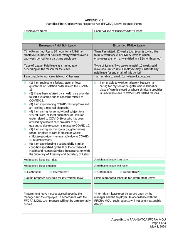Appendix 1 To FAA NATCA FFCRA MOU screenshot