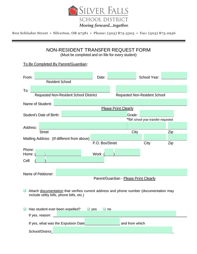 Non Resident Transfer Request Form screenshot