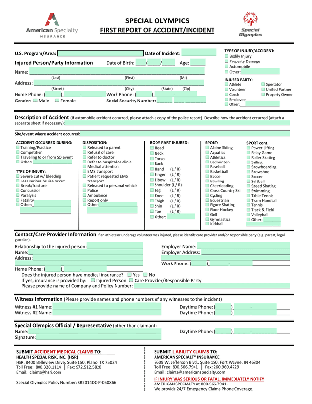 Special Olympics Incident Report Form screenshot