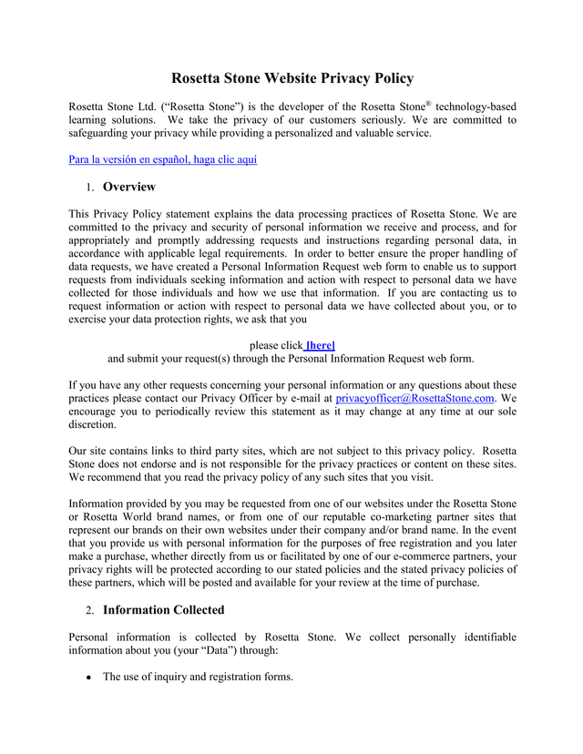 Rosetta Stone Website Privacy Policy screenshot