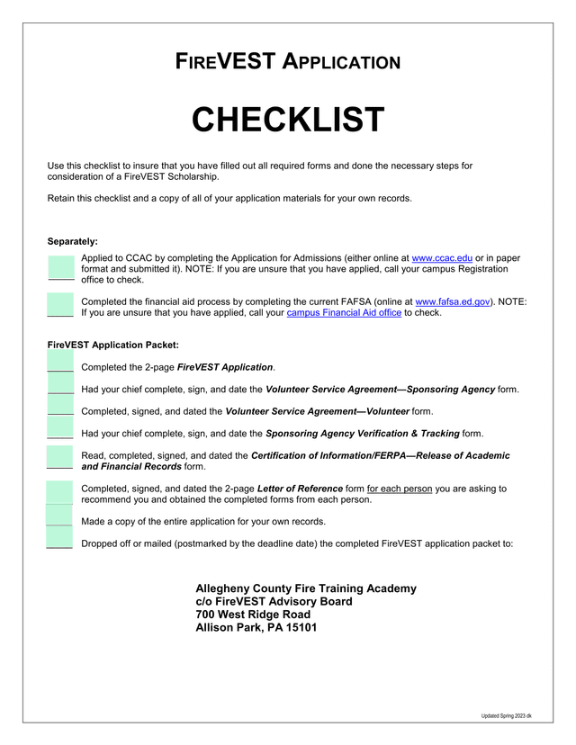 FireVEST Application Checklist screenshot