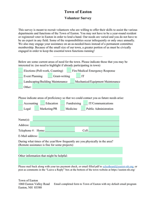 Town Of Easton Volunteer Survey screenshot