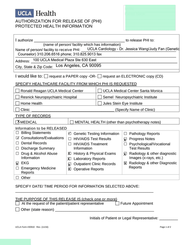 Authorization For Release Of (PHI) Protected Health Information screenshot