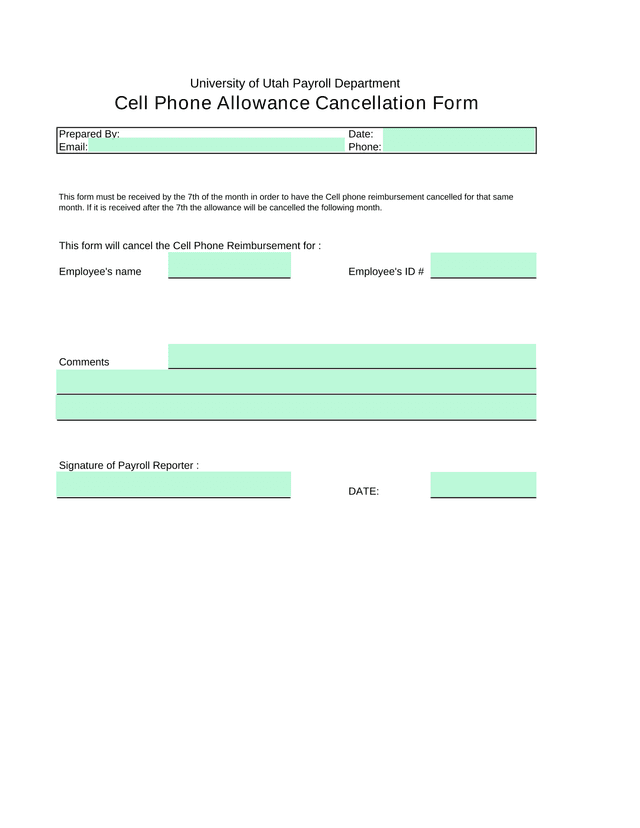 Cell Phone Allowance Cancellation Form screenshot