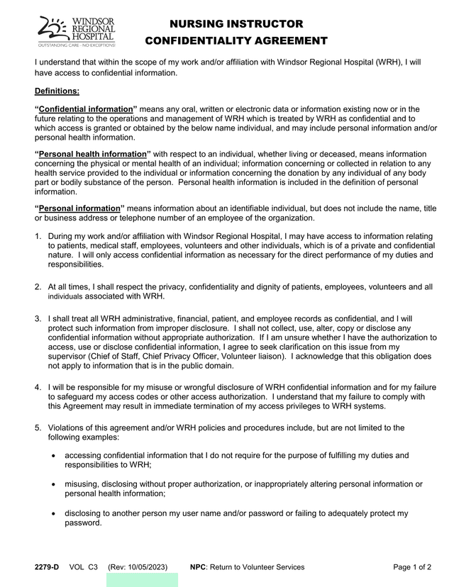 NURSING INSTRUCTOR CONFIDENTIALITY AGREEMENT screenshot