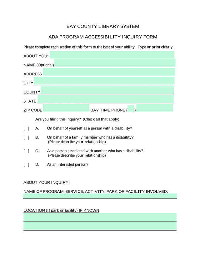 ADA Program Accessibility Inquiry Form screenshot