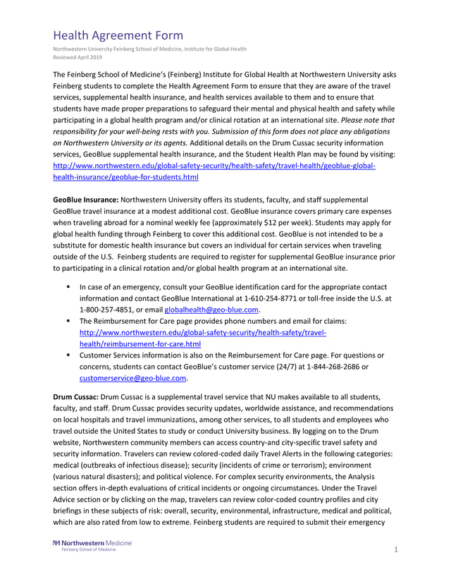 Health Agreement Form screenshot