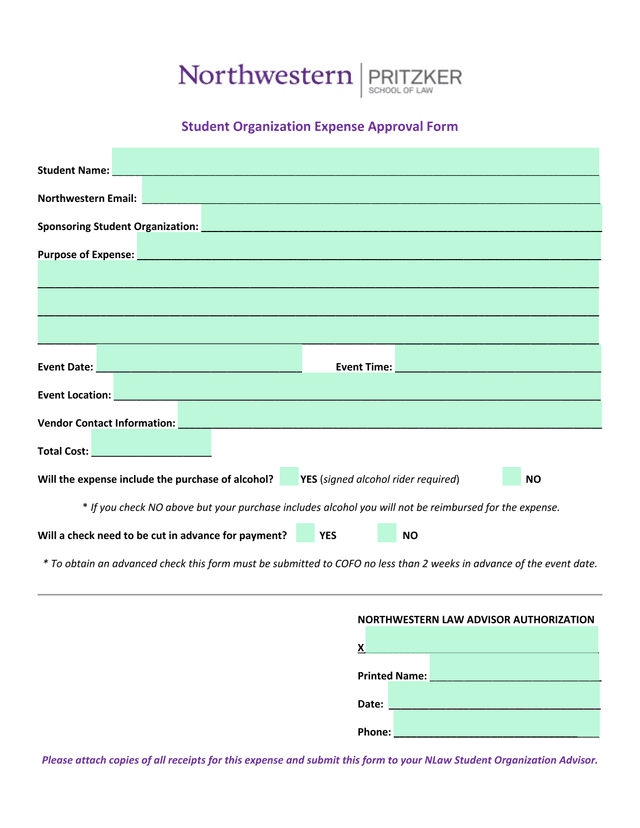 Student Organization Expense Approval Form screenshot