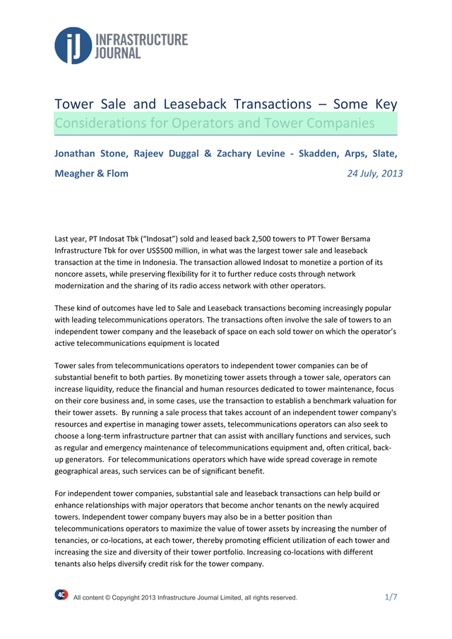 Tower Sale And Leaseback Transactions  Some Key Considerations For Operators And Tower Companies screenshot