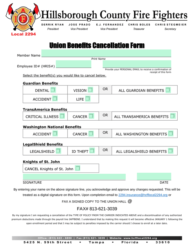 Union Benefits Cancellation Form screenshot