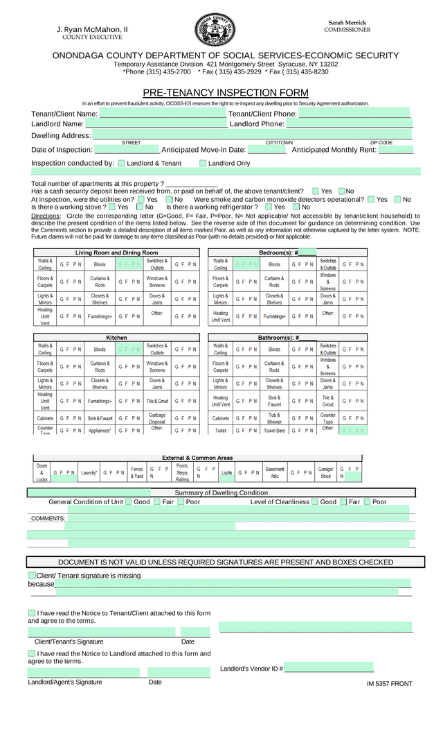 PRE TENANCY INSPECTION FORM screenshot