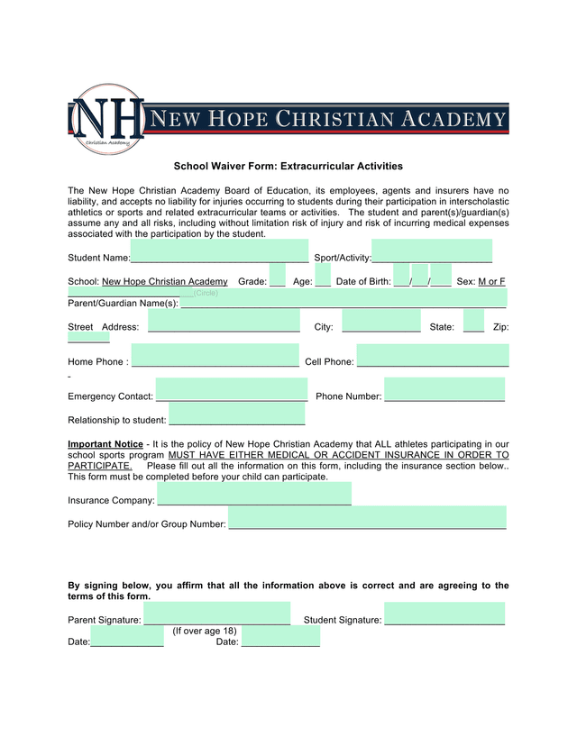 School Waiver Form Extracurricular Activities screenshot