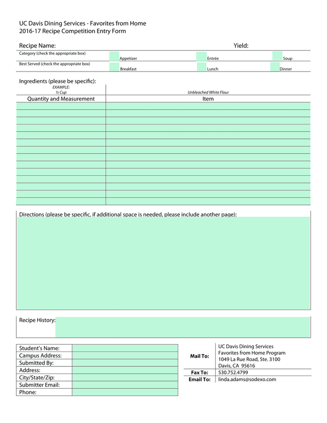 UC Davis Dining Services   Favorites From Home 2016 17 Recipe Competition Entry Form screenshot