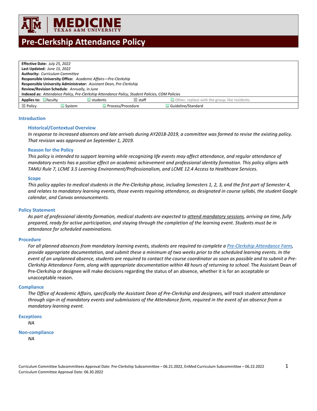 Pre Clerkship Attendance Policy screenshot
