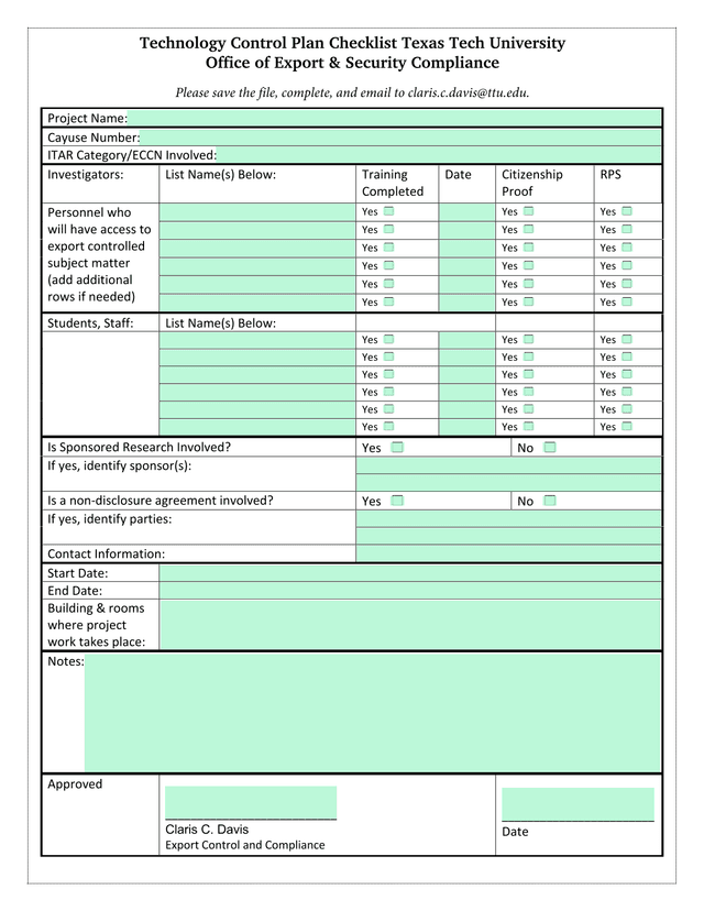 Technology Control Plan Checklist screenshot