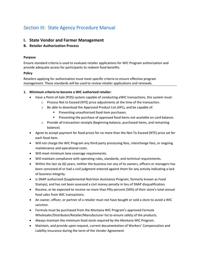 State Agency Procedure Manual   WIC Retailer Authorization Process screenshot