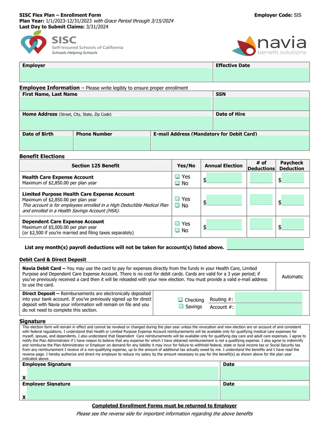 SISC Flex Plan  Enrollment Form screenshot