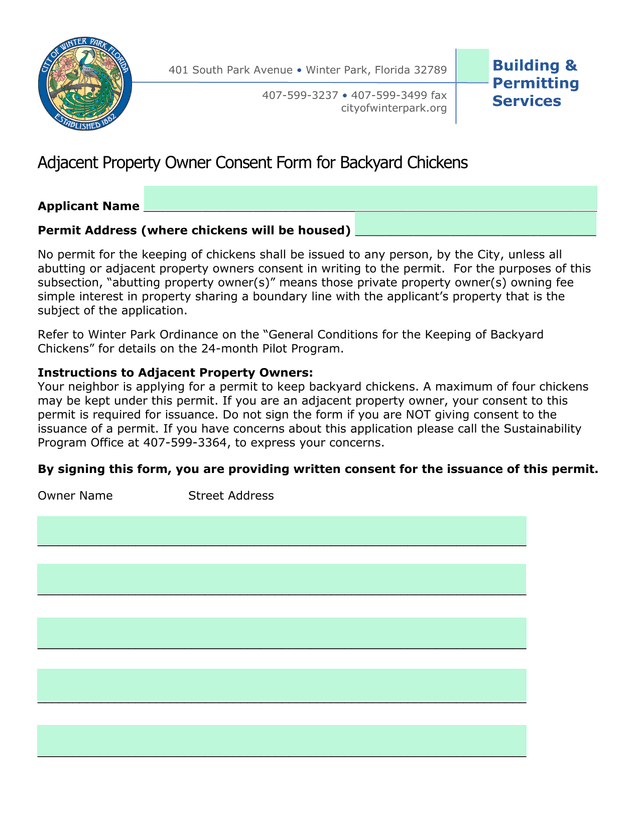Adjacent Property Owner Consent Form For Backyard Chickens screenshot
