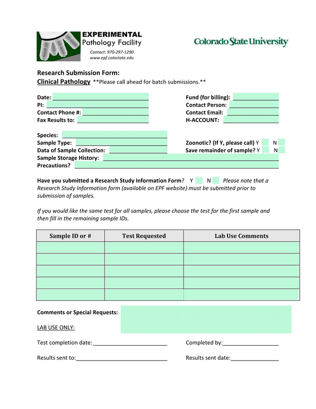 Research Submission Form Clinical Pathology screenshot