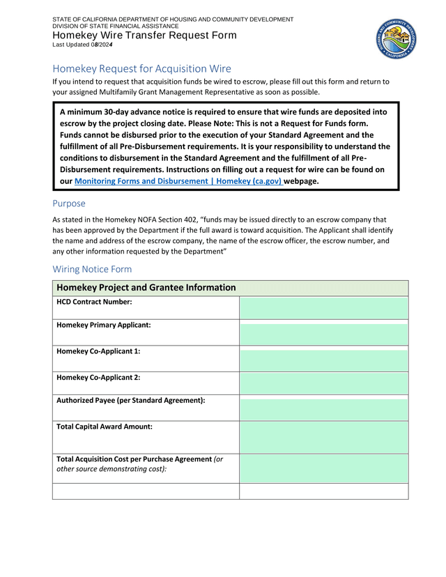 Homekey Wire Transfer Request Form screenshot