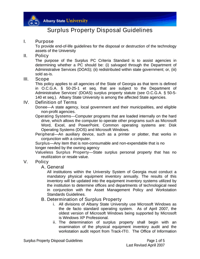 Surplus Property Disposal Guidelines screenshot
