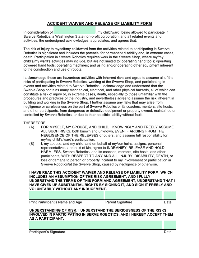 Accident Waiver And Release Of Liability Form screenshot