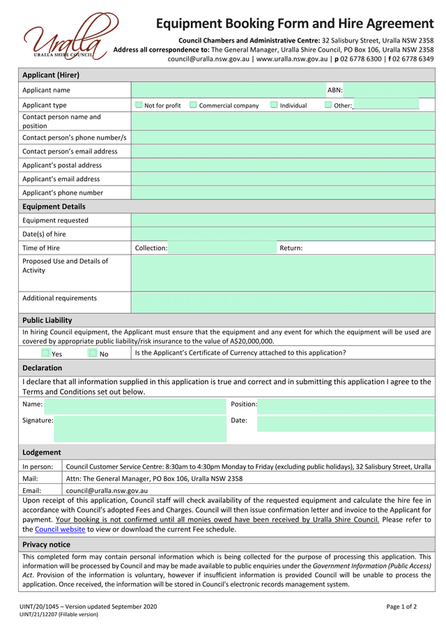 Equipment Booking Form And Hire Agreement screenshot