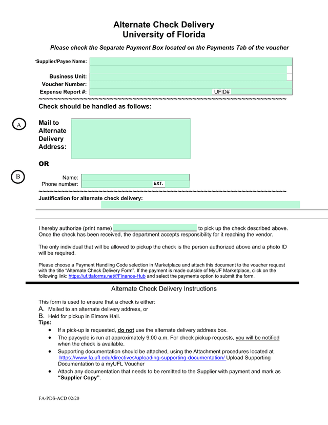 Alternate Check Delivery Form screenshot