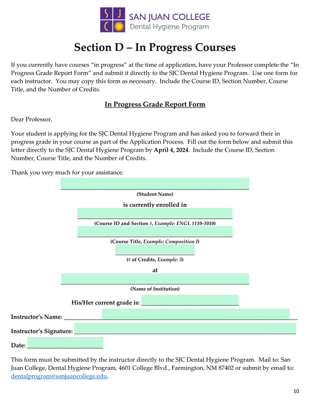 In Progress Grade Report Form screenshot
