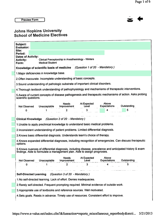 Johns Hopkins University School Of Medicine Electives Evaluation Form screenshot