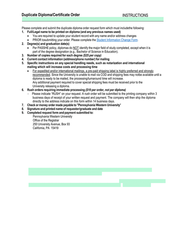 Duplicate DiplomaCertificate Order REQUEST FORM screenshot