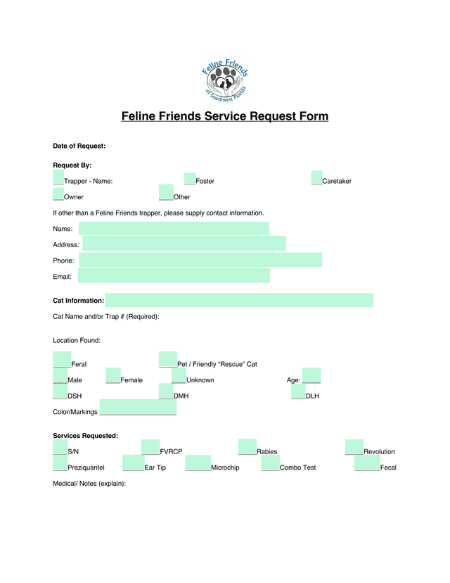 Feline Friends Service Request Form screenshot